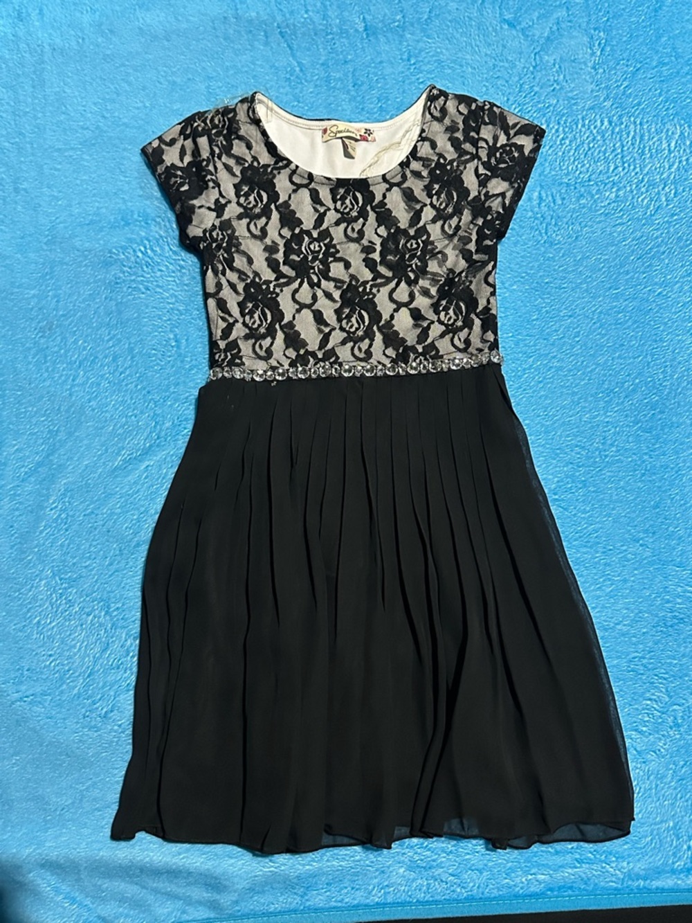 Speechless Black Lace-Top Pleated Girls Dress with Jeweled Waist